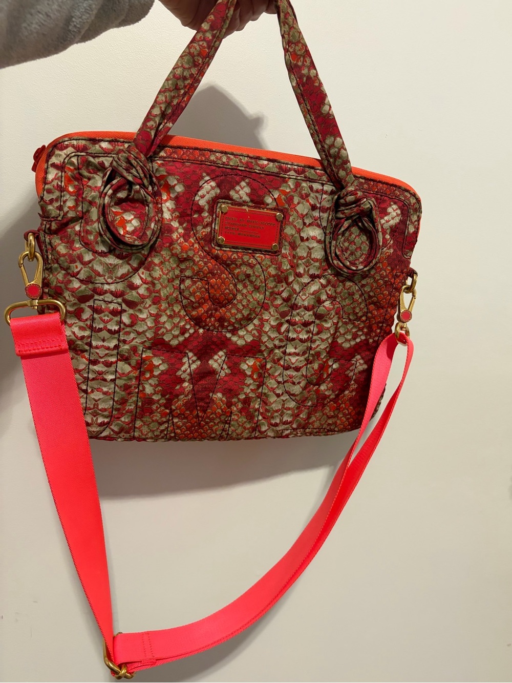 Marc By Marc Jacobs Red Snake-Print Laptop Tote with Neon Pink Strap
